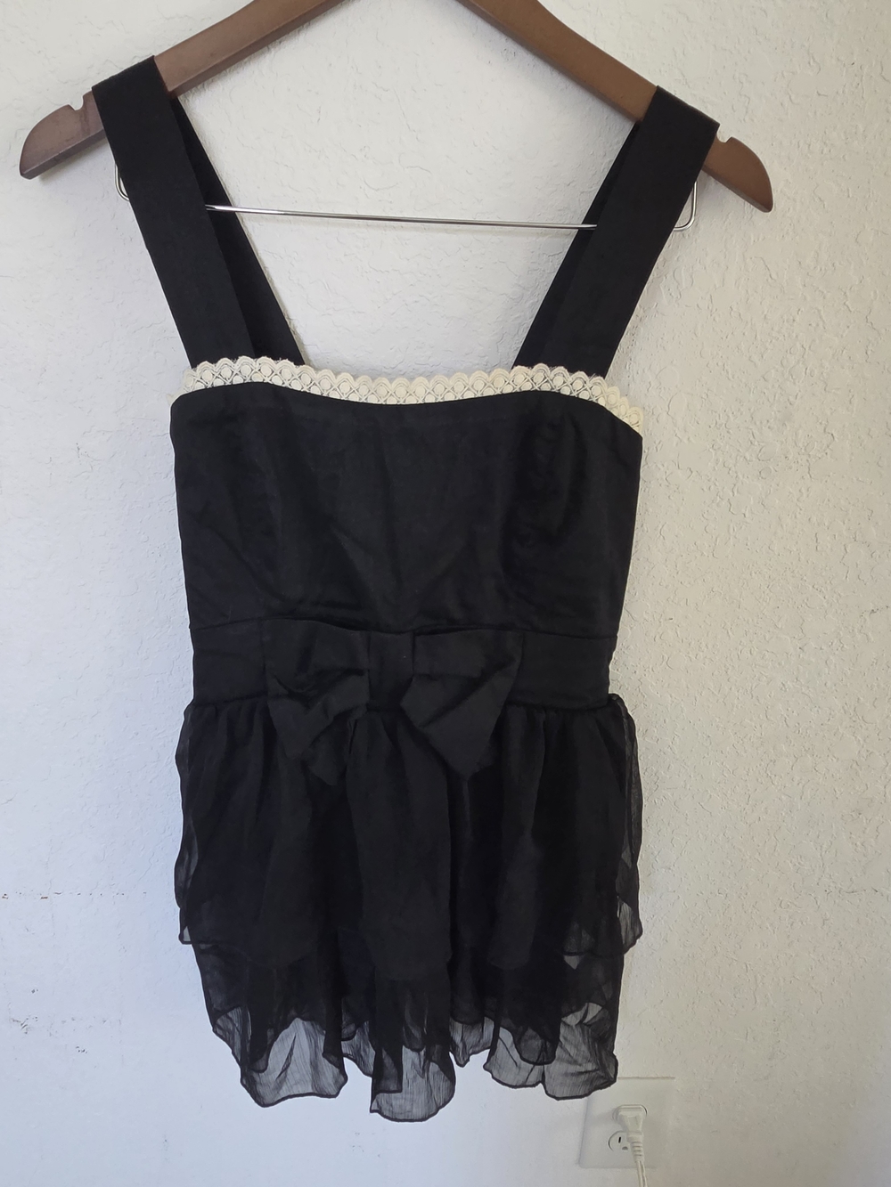 Vintage Freeway Y2K Black Chiffon Tiered Tank Top Bow Lace Trim Whimsigoth Large